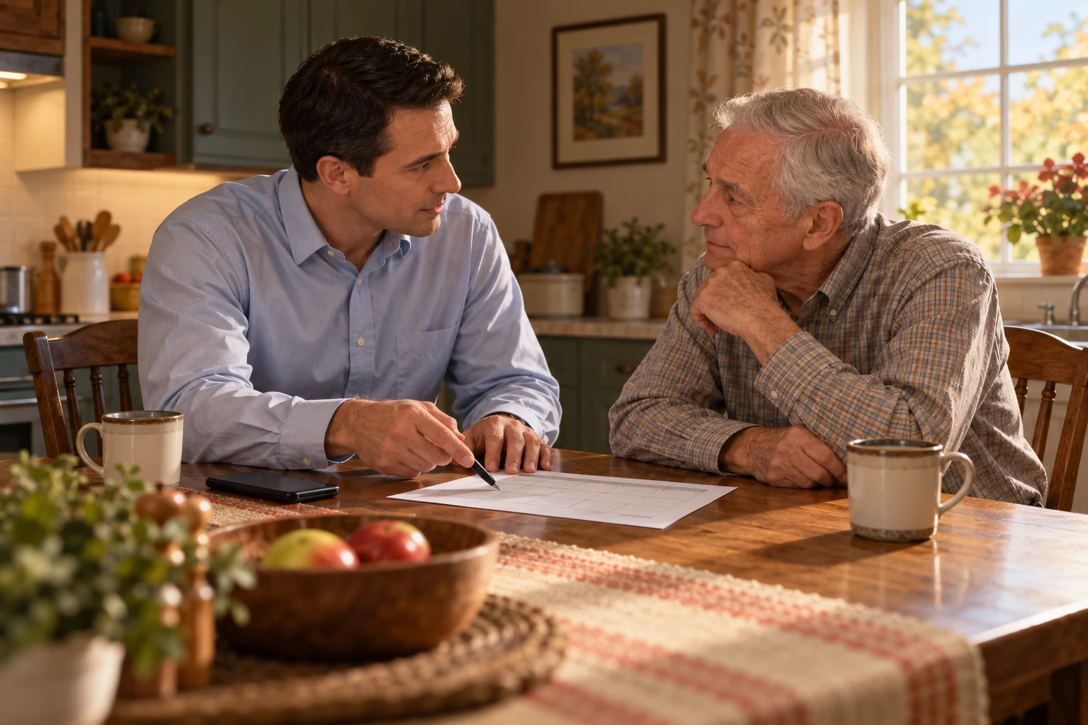 An adult son patiently assists his elderly father with an appointment.