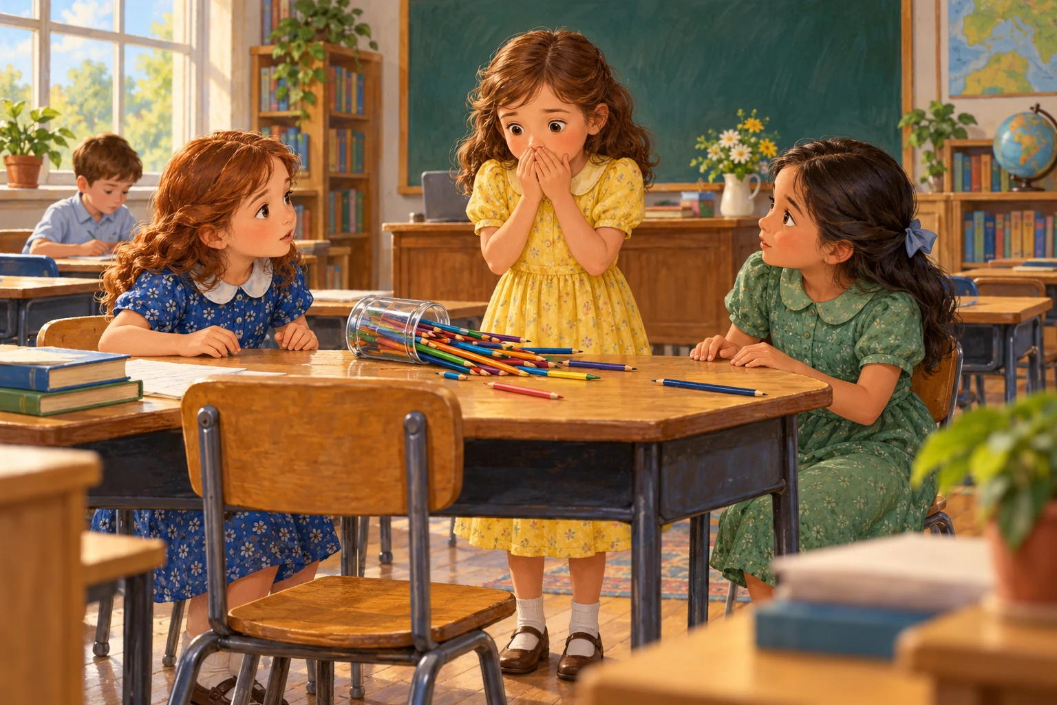 A surprised girl and her friends look at pencils spilled across a classroom table.