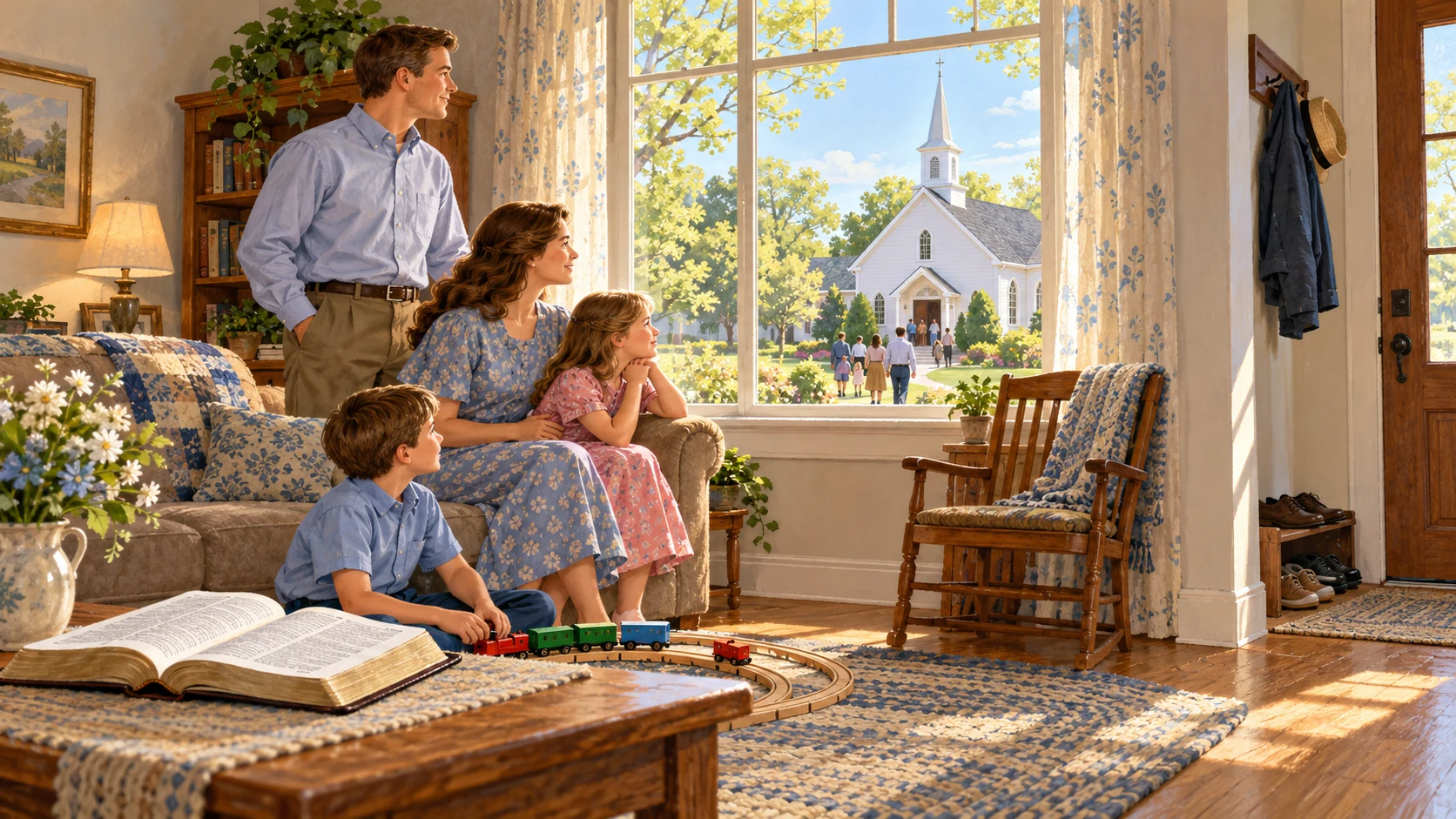 A family pauses together near an open Bible, with a church visible through the window.