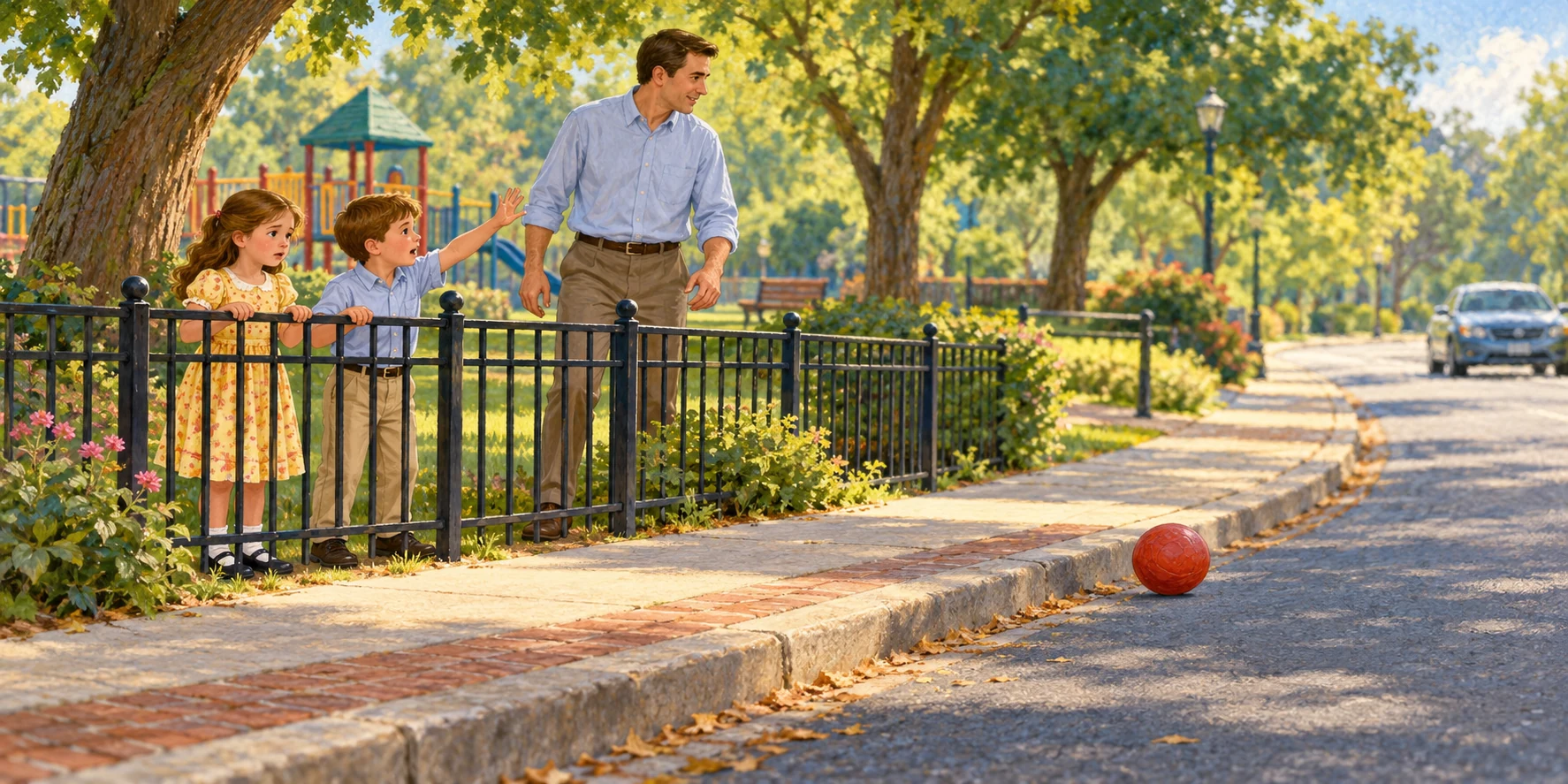 Children remain behind a park fence with a trusted adult while a ball lies near the road.
