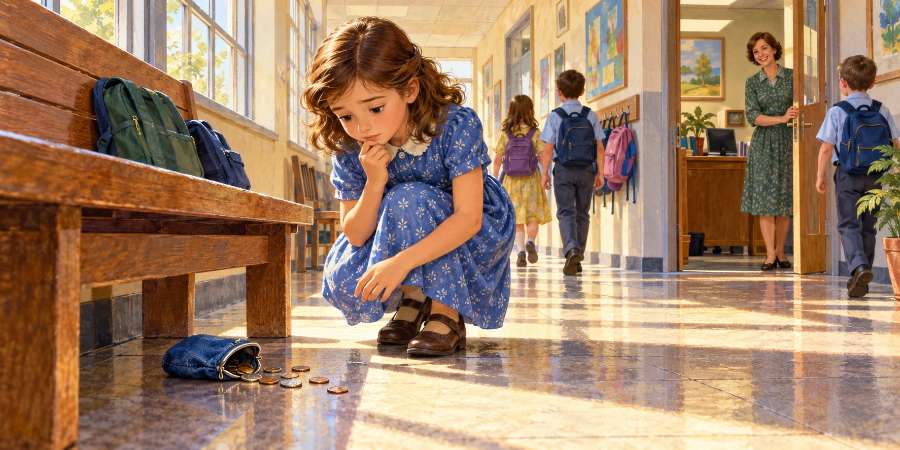 A girl discovers a coin purse and scattered coins beneath a school bench.