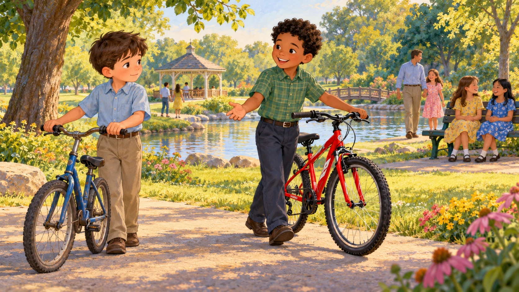 Two friends with different bicycles greet each other in a park.